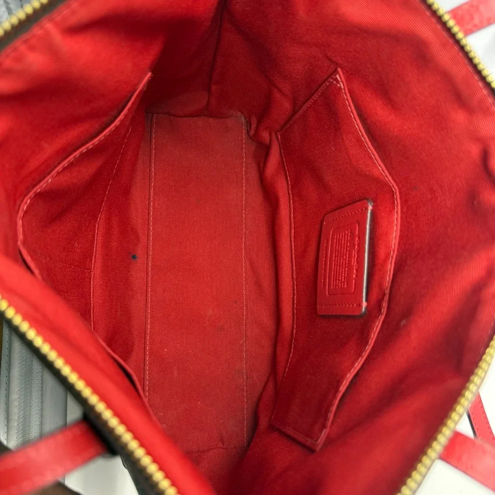 Coach Zip Top Tote Signature Canvas Brown Red CX611 Shoulder Bag